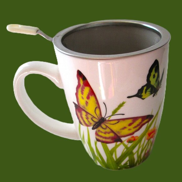 Teaopia Tea/Coffee mug with Tea Infuser, Yellow & Purple butterfies - Picture 1 of 8